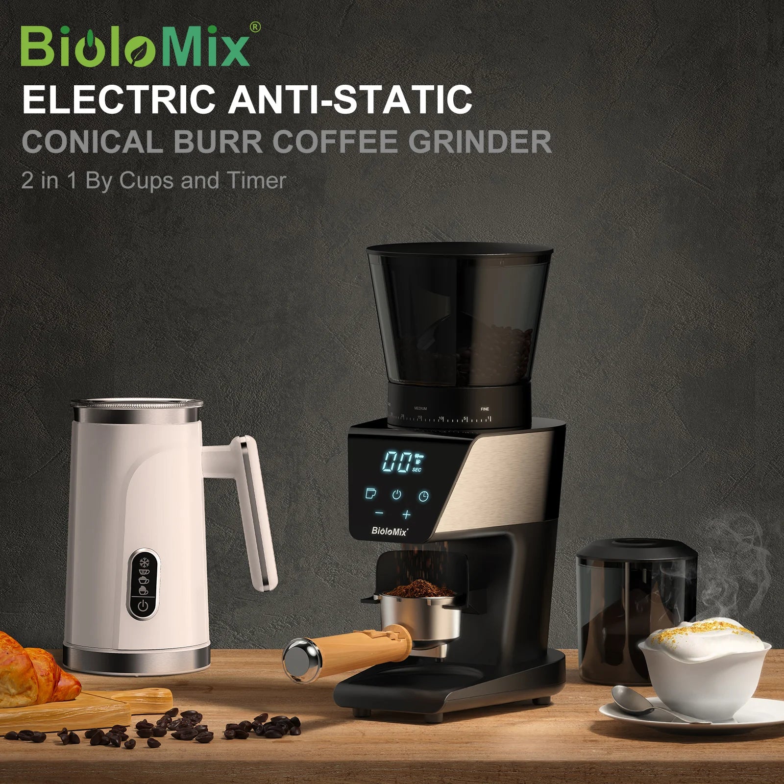 BioloMix Automatic Burr Mill Electric Coffee Grinder with 30 Gears for Espresso American Coffee Pour Over Visual Bean Storage
