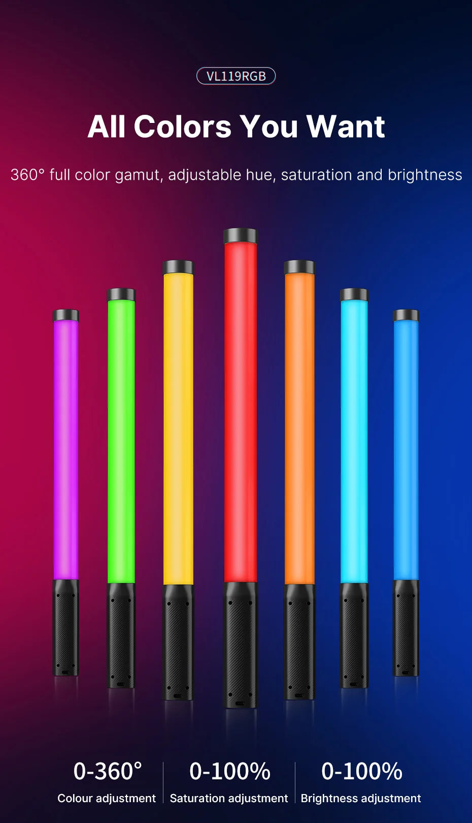 Ulanzi VL119 RGB Handheld Light Wand 2500-9000K Diammable Lightweight 50cm RGB Stick Light Rechargable Photography Lighting Vlog