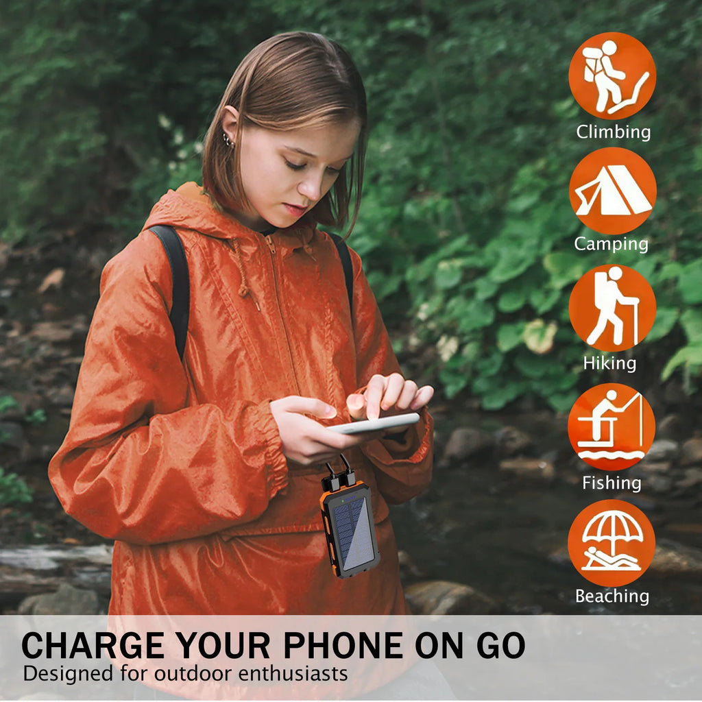 20000mAh Solar Charger Waterproof Portable Solar Power Bank Dual 5V USB Ports 2 LED Flashlight Compass for Outdoor Camping Hik