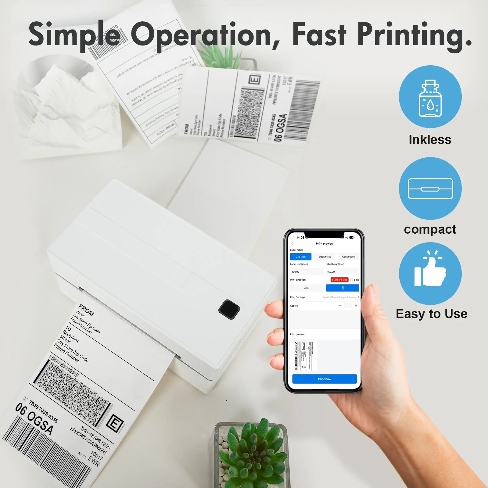 Thermal Label Printer Portable No Ink Required 203DPI 4x6 for Small Business Bluetooth USB High Speed Express Airway Bill