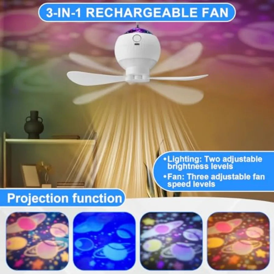 Set Solar Powered Ceiling Fan with Light for Camping Rechargeable 0'' Small USB Portable Hanging Fan with Star Projection 0w So