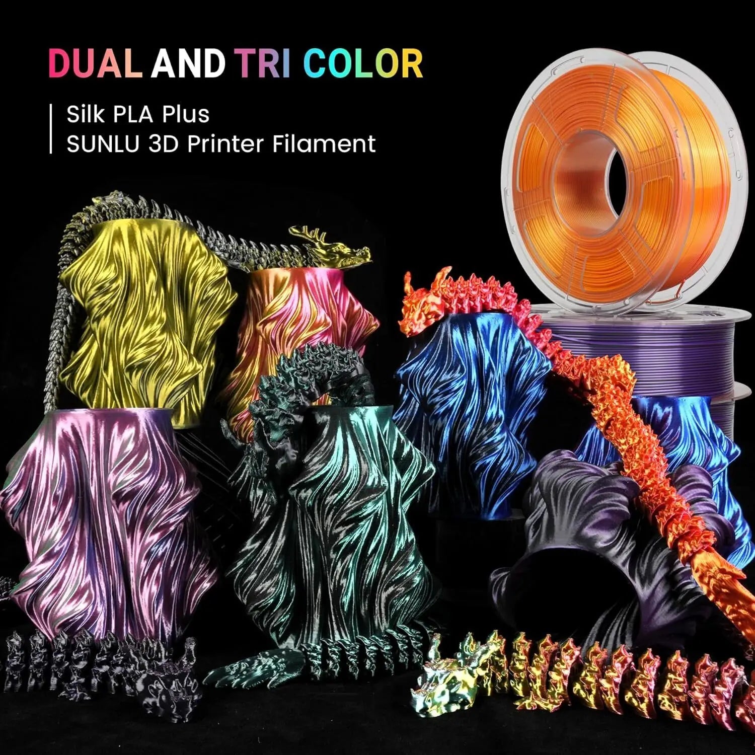 SUNLU SILK Dual &Triple Colors  3D Printer Filament 5KG 1kg/roll 1.75mm Dimensional Accuracy +/- 0.02 mm 2.2 LBS (1KG) Fast Ship