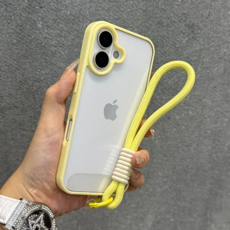 Candy Color Bumper With Lanyard Phone Case For iPhone 17 16 15 14 13 12 11 Pro Max Plus Clear Acrylic Shockproof Cover
