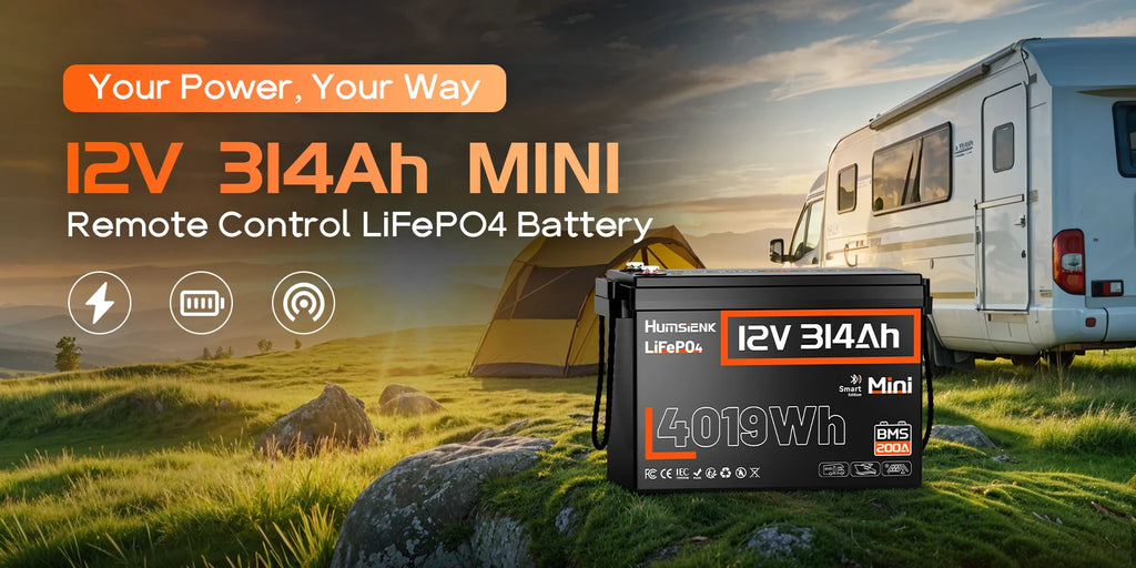 Humsienk 12V 314Ah LiFePO4 Battery, Capacity 4019Wh, Size MINI, Built-in Bluetooth & 200A BMS, 15000+ Deep Cycle, Low-Temp Protection For Fishing, Portable Power Station, Golf Cart, Boat, Marine, Off-Grid, Solar, 5-Year Warra