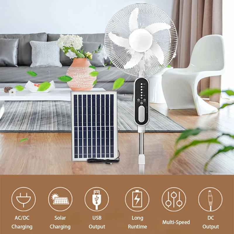 16 inch 14400mAh rechargeable battery solar rechargeable fan with solar panel, 2 bulbs, remote control function, 9 wind speeds