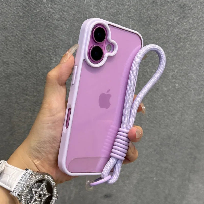 Candy Color Bumper With Lanyard Phone Case For iPhone 17 16 15 14 13 12 11 Pro Max Plus Clear Acrylic Shockproof Cover