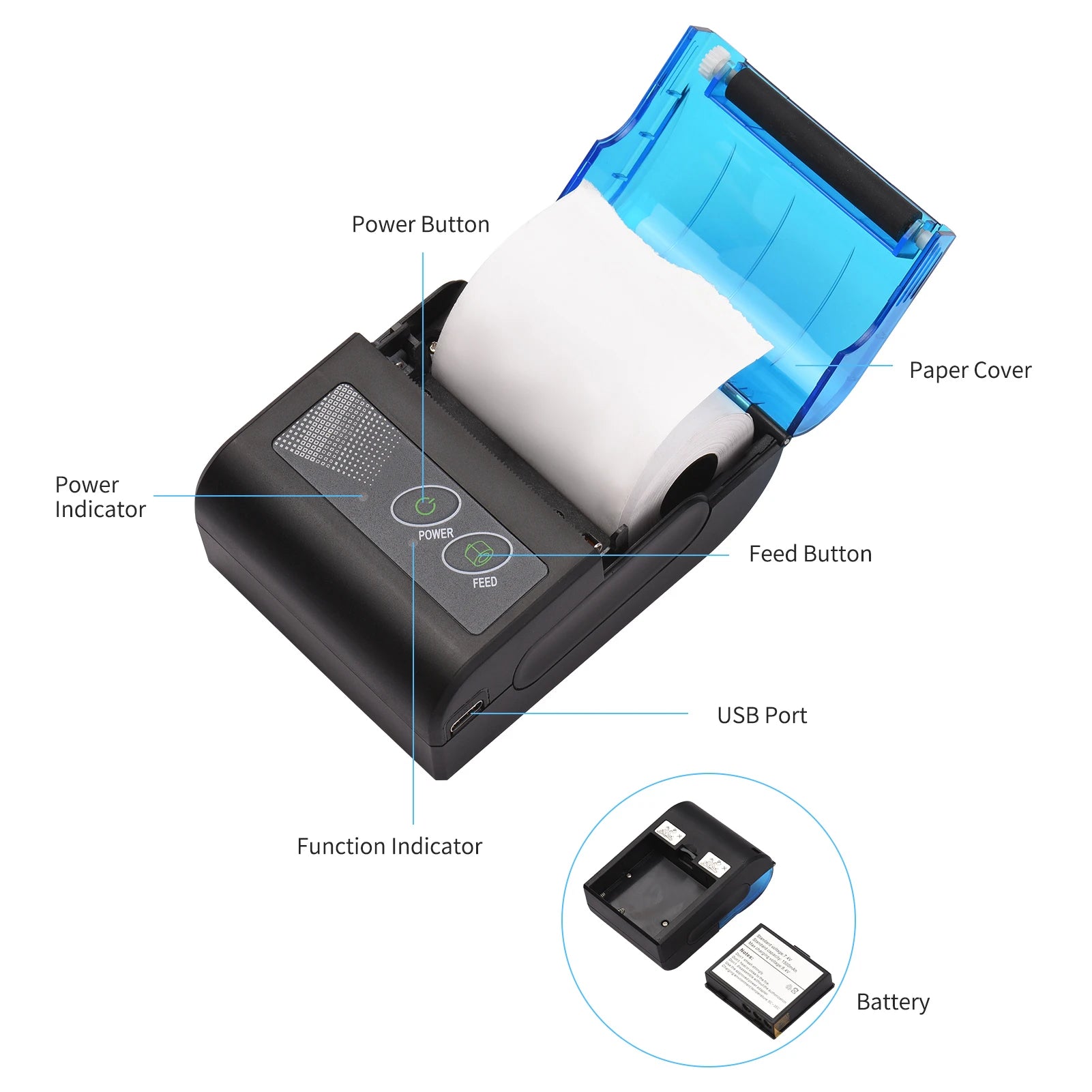 Bisofice Portable Mini Thermal Printer 2 Inch Wireless USB Receipt Bill Ticket Printer with 58mm Print Paper  for Restaurant