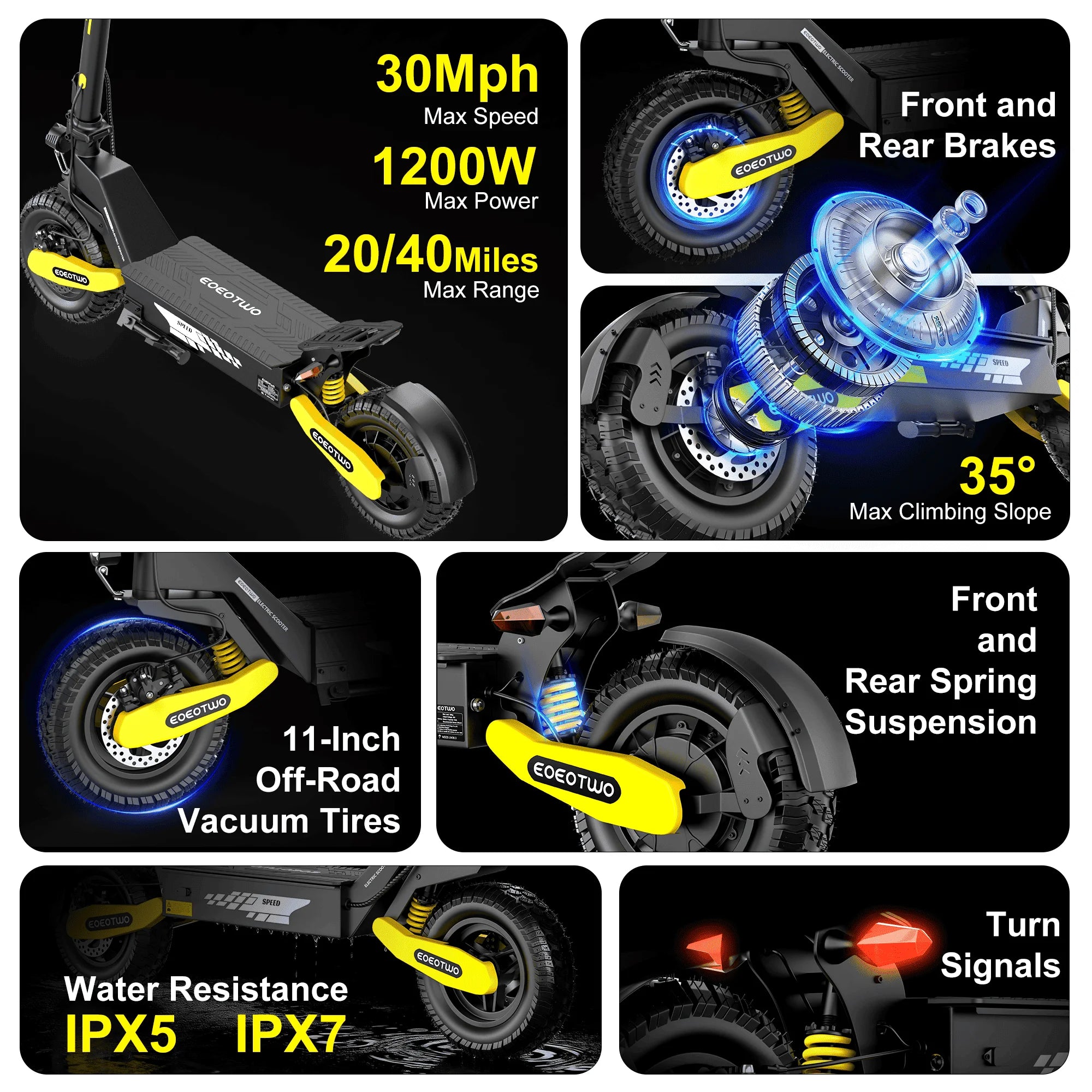 EOEOTWO 1200W Off Road Electric Scooter for Adults 48V Long Range E-Scooter 30MPH Fast Speed 11" Tubeless Tire Foldable Kick Scooter