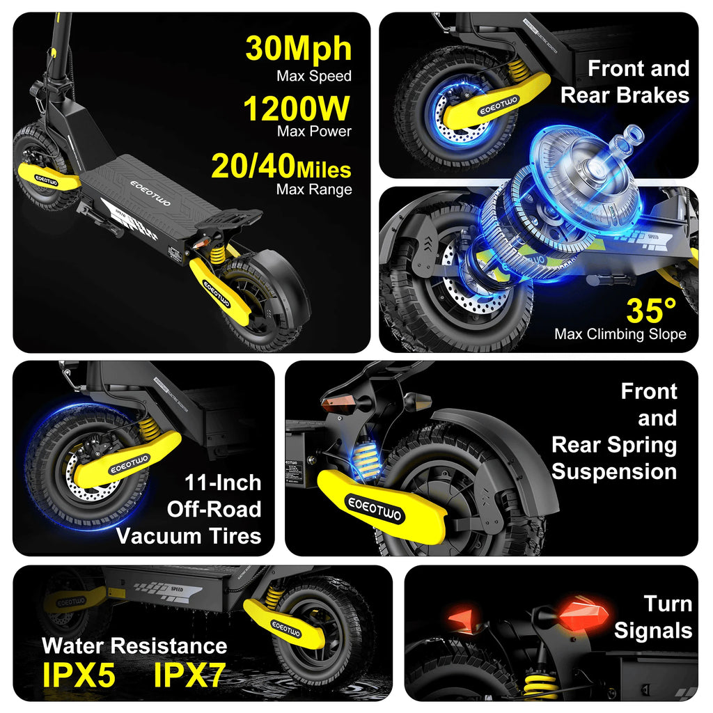 EOEOTWO 1200W Off Road Electric Scooter for Adults 48V Long Range E-Scooter 30MPH Fast Speed 11" Tubeless Tire Foldable Kick Scooter