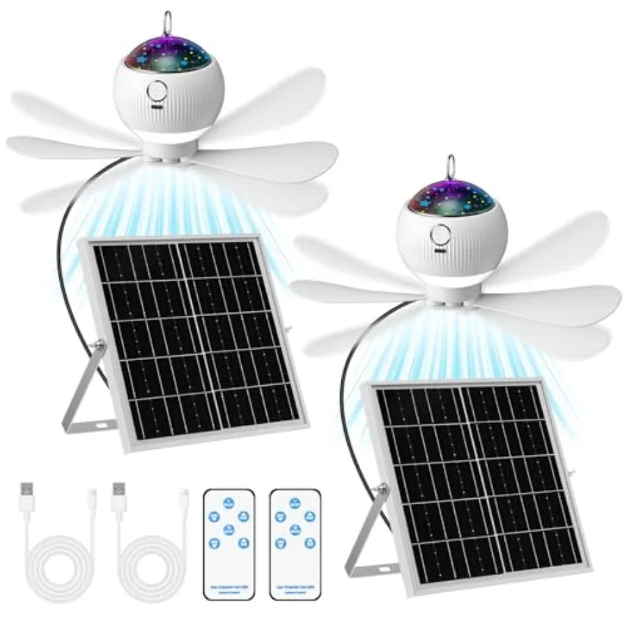 Set Solar Powered Ceiling Fan with Light for Camping Rechargeable 0'' Small USB Portable Hanging Fan with Star Projection 0w So