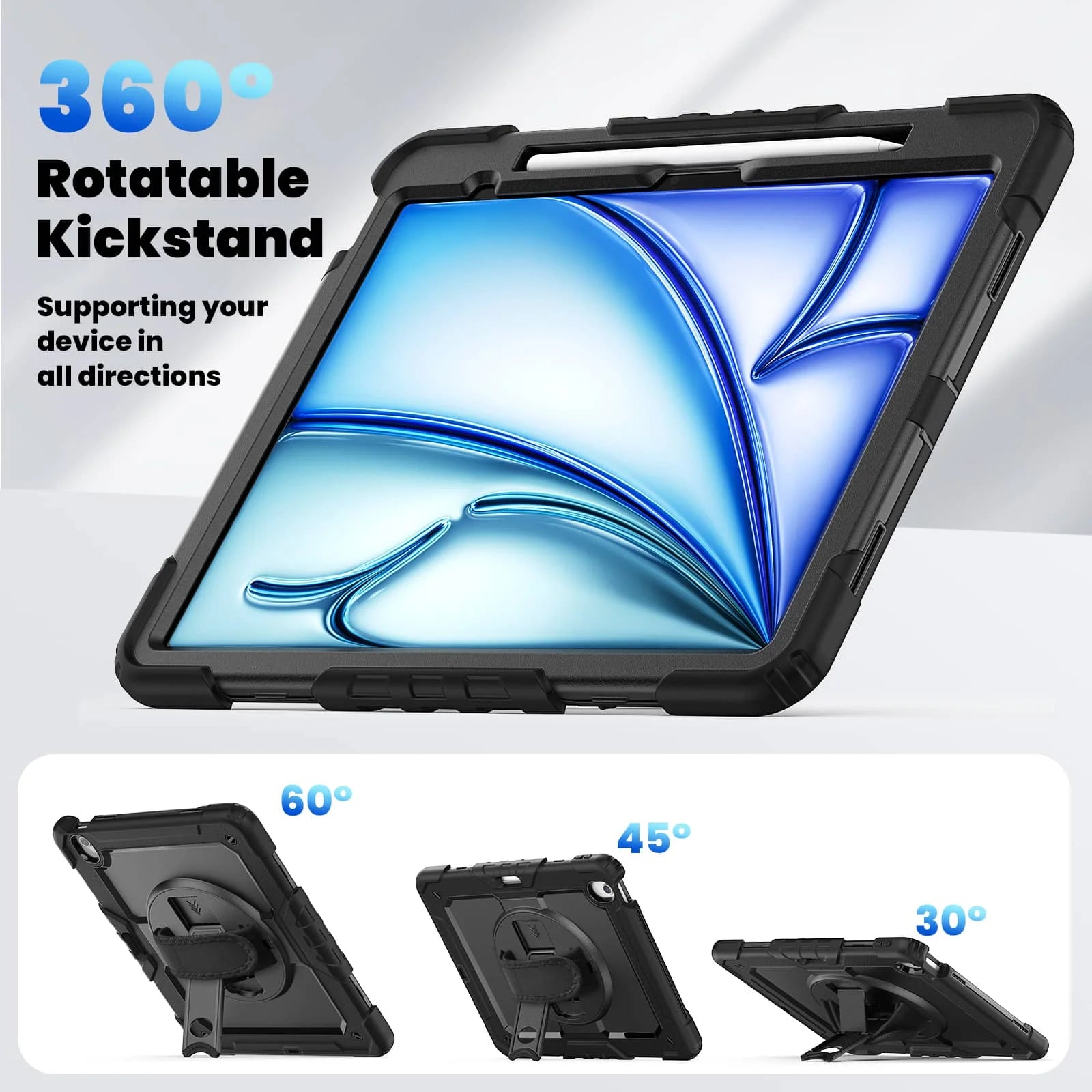 For iPad (A16) 11th Air 11 Air 13 M3  (2025) - Heavy Duty Protective Cover with Screen Protector, Shoulder Strap & Pencil Holder