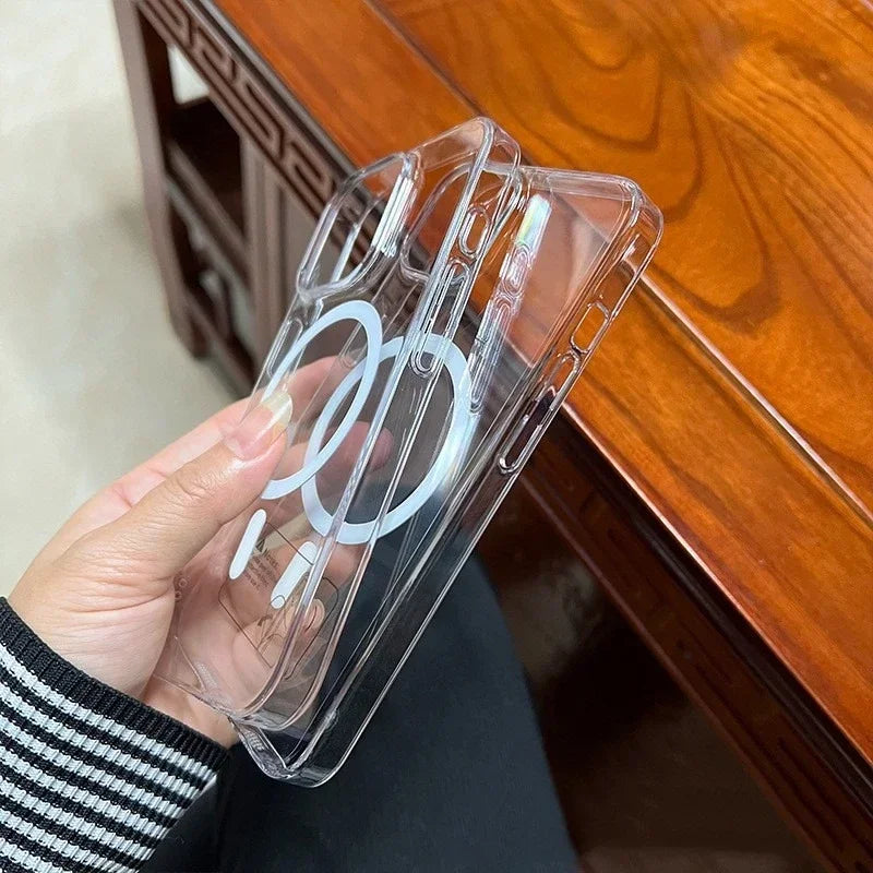 Fashion Anti-Yellow Crystal Clear Phone Case For iPhone 16 15 14 13 12 Pro Max Case for Magsafe Wireless Charging Acrylic Cover