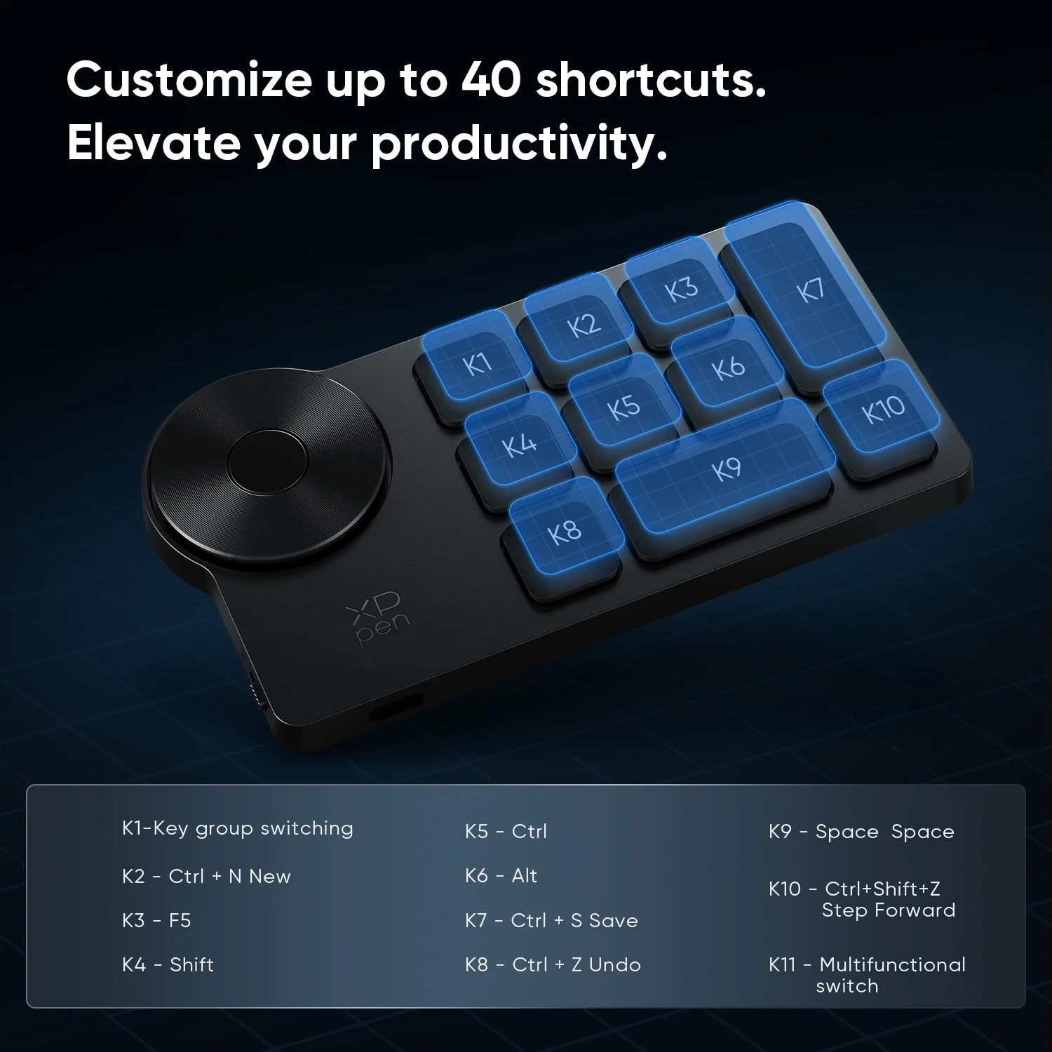 XPPen ACK05 Portable Wireless Shortcut Remote with 10 Custom Keys 1 Physical Dial 1000mAh Battery Support Bluetooth Connection