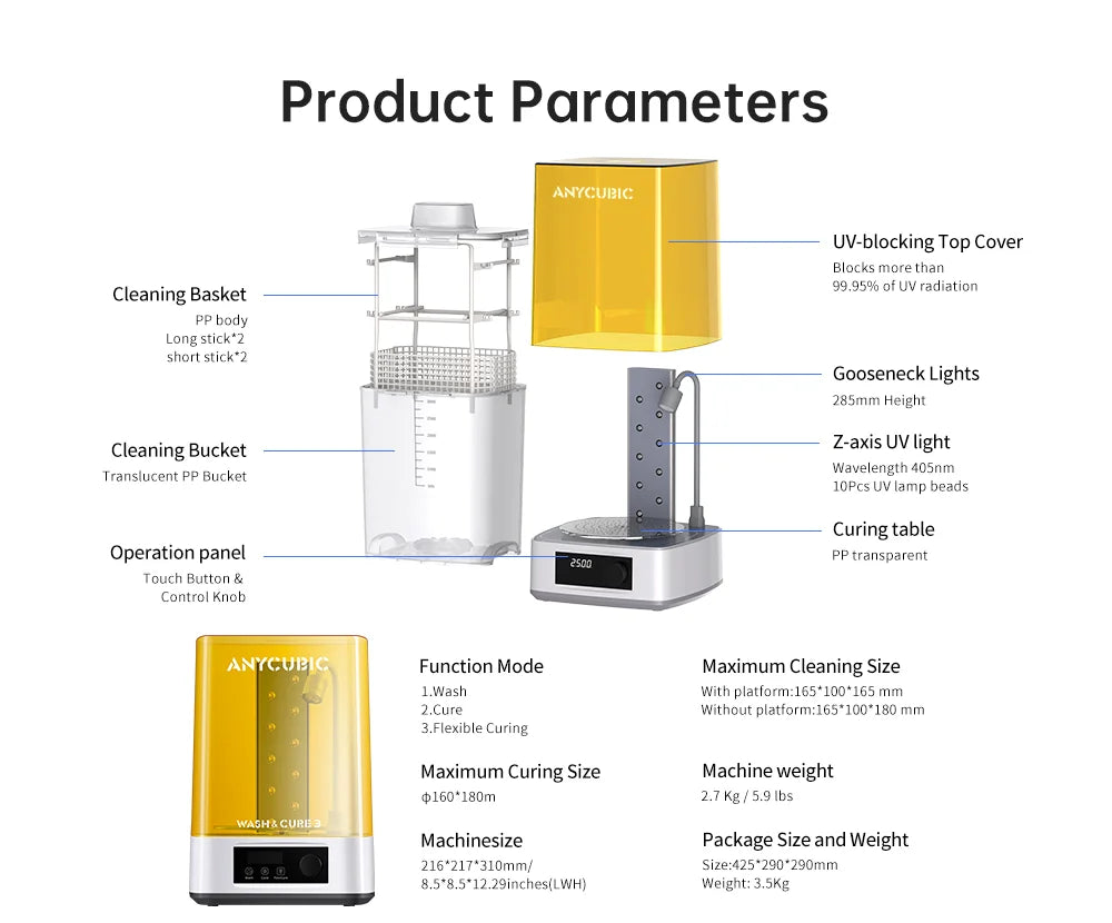 ANYCUBIC Wash & Cure 3 AE Version For Mars Photon Mono 4 LCD SLA DLP 3D Printer Models Curing Resin Cleaning Machine 2 in 1