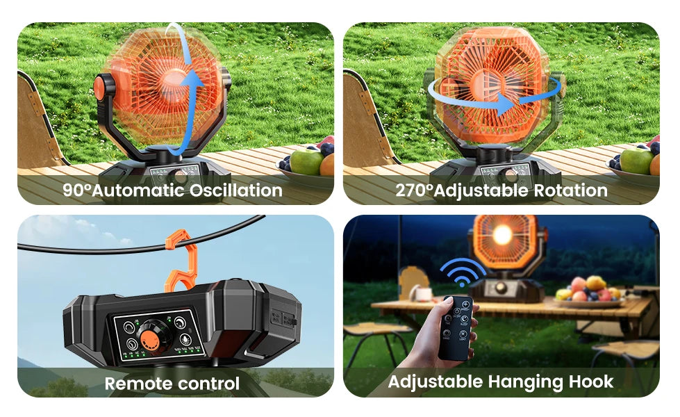 20000mAh Camping Fan with LED Lantern 8 Speed Desk Fan with Remote Portable Outdoor Fan with Hook for Tent Power Outages Jobsite