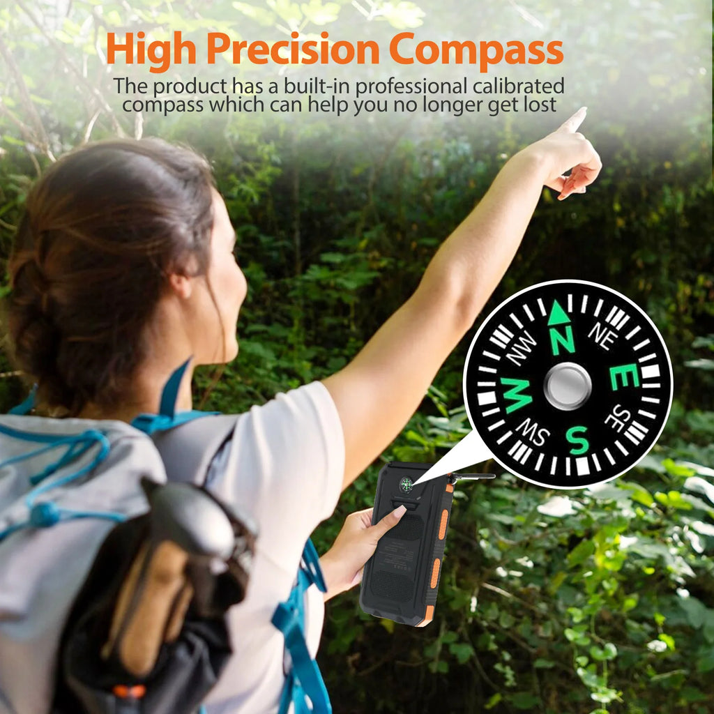 20000mAh Solar Charger Waterproof Portable Solar Power Bank Dual 5V USB Ports 2 LED Flashlight Compass for Outdoor Camping Hik