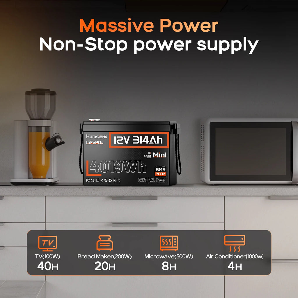 Humsienk 12V 314Ah LiFePO4 Battery, Capacity 4019Wh, Size MINI, Built-in Bluetooth & 200A BMS, 15000+ Deep Cycle, Low-Temp Protection For Fishing, Portable Power Station, Golf Cart, Boat, Marine, Off-Grid, Solar, 5-Year Warra