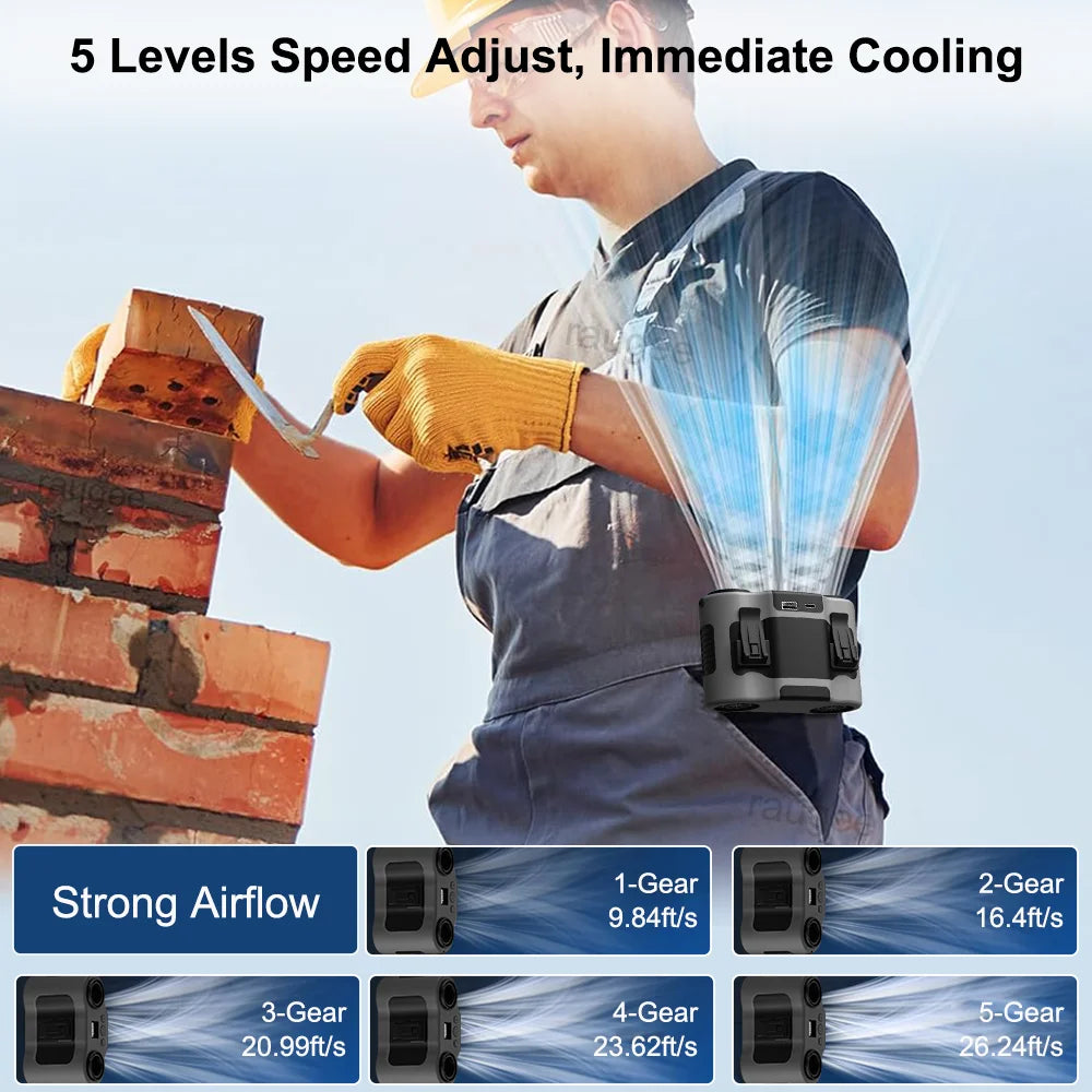 Waist Fan 20000mAh Portable Hanging Neck Fan Rechargeable Waist Clip Fan with Power Bank Dual Airflow Outlet Outdoor Waist Fan