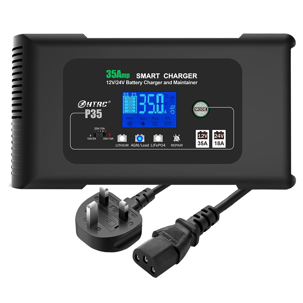 HTRC Large Power 35A 12V 24V Car Battery Charger for Auto Moto Truck Motorcycle AGM Lead Acid PB GEL LCD Display Smart Charging