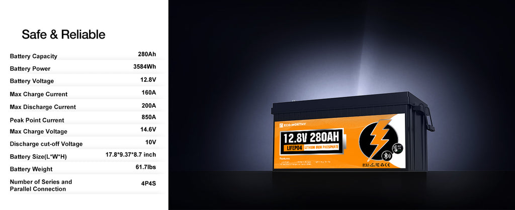 ECO-WORTHY 3584Wh 12V 280Ah LiFePO4 RV Battery w/Bluetooth & Low Temp Cutoff - Built-in 200A BMS - Deep Cycle for Camper, Traile