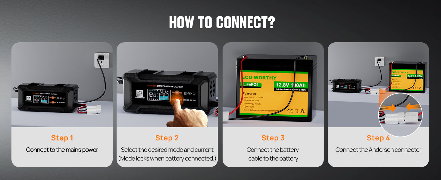 ECO-Worthy 12V/24V 20A Smart Battery Charger Maintainer, Auto Voltage Detect for LiFePO4 Lead-Acid with Multi-Current Options 5A