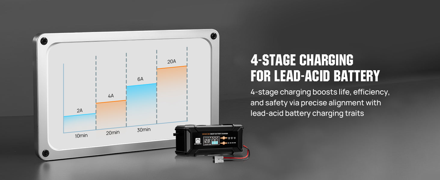 ECO-Worthy 12V/24V 20A Smart Battery Charger Maintainer, Auto Voltage Detect for LiFePO4 Lead-Acid with Multi-Current Options 5A